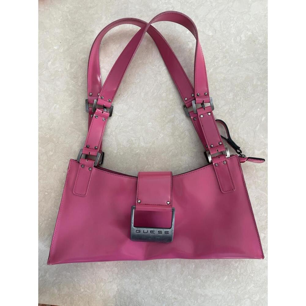 Y2K Guess Pink Patent Leather Shoulder Bag Logo Buckle Purse 2000s Bratz Barbie